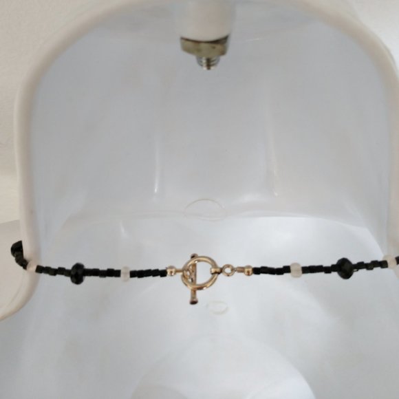 Black Beaded Statement Necklace With Agate Teardrop Pendants Handmade 19 Inches - Picture 8 of 12